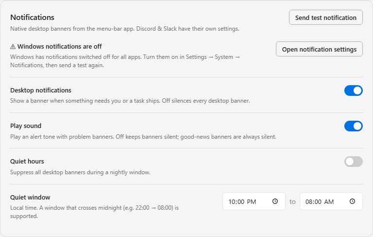 Notification settings, with a test sent.