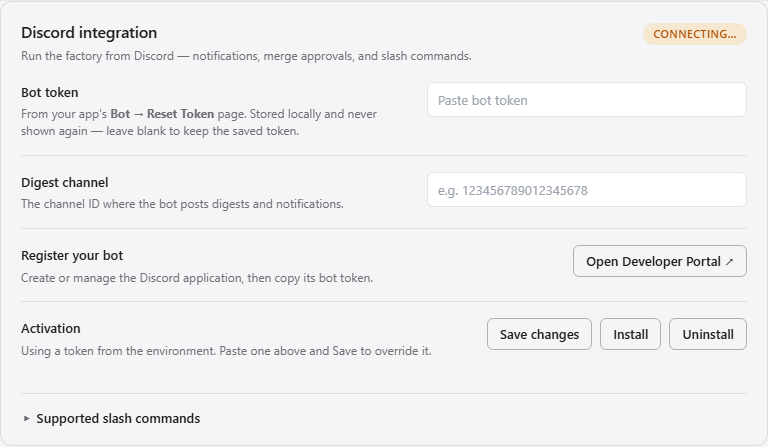 Settings → Discord: paste the bot token here, then Install.