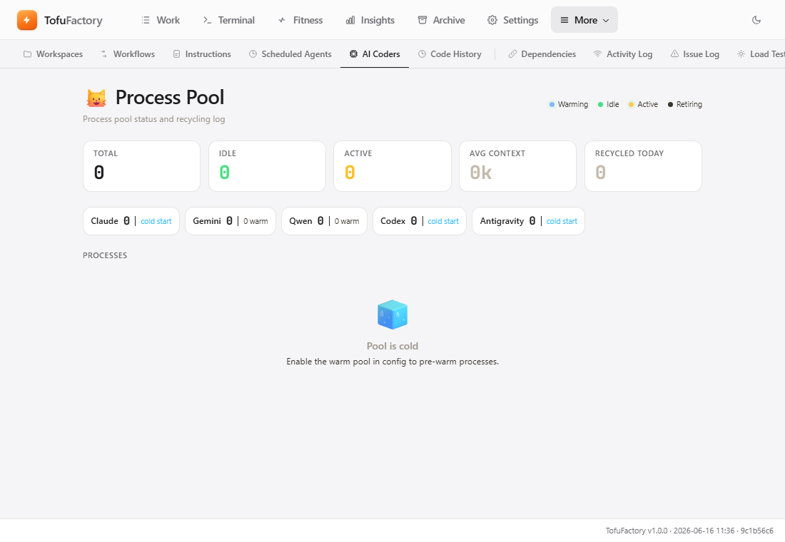 The Pool screen: standby helpers and the event log.