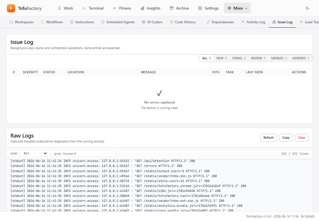 The Error Log, listing caught issues.