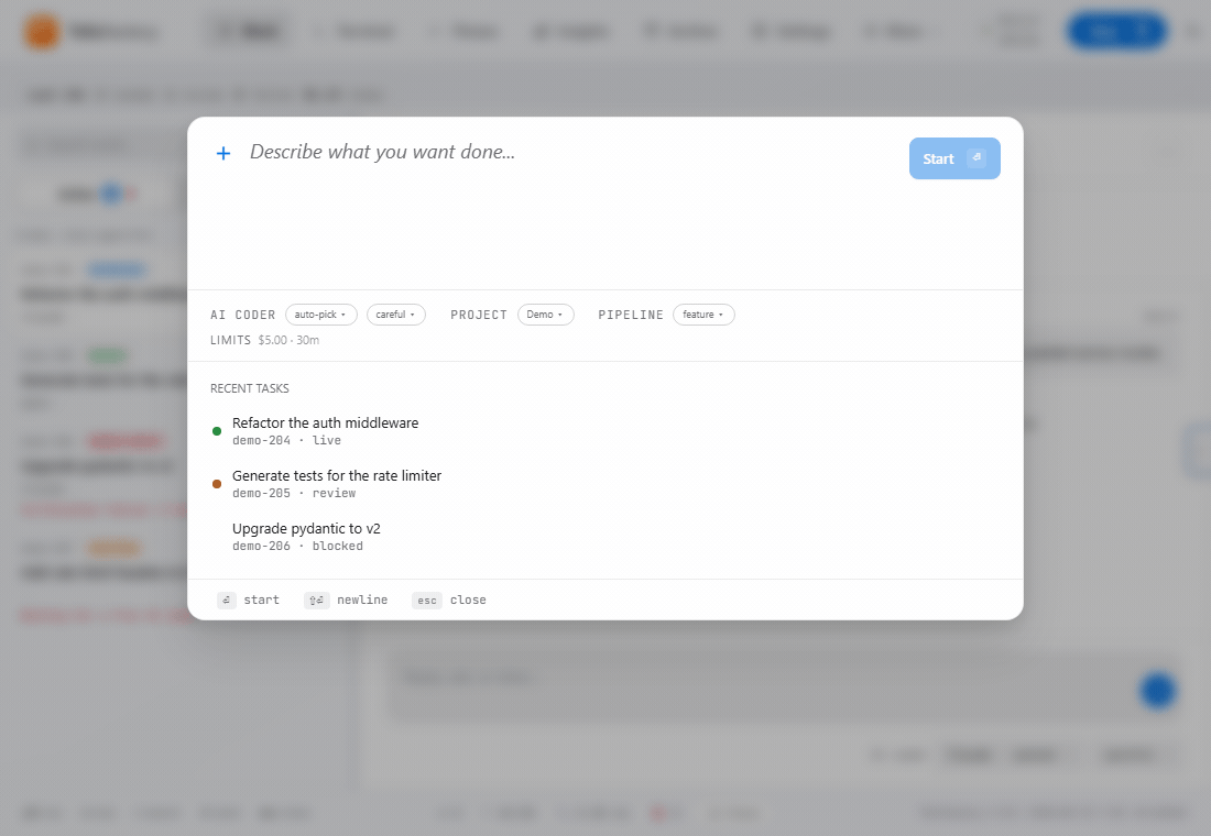 Describe a job, watch the AI work with a live chat, and merge it once every check passes.